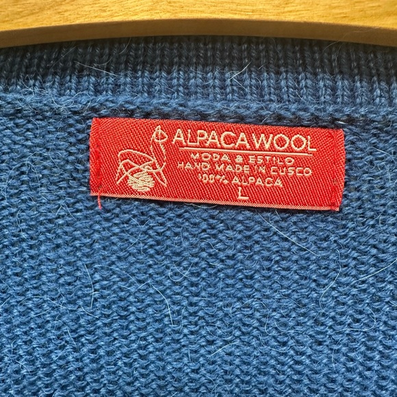 Women’s L  Large Alpaca Wool Sweater Blue Indigenous Spanish Peruvian Pattern - Picture 3 of 8